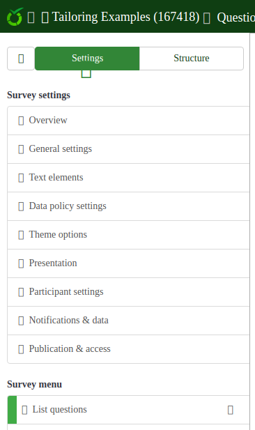 List all question in LimeSurvey