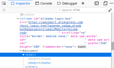 Aliexpress login page under an iframe