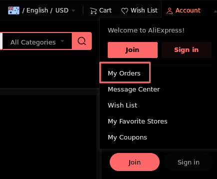 Aliexpress 'My Orders' link