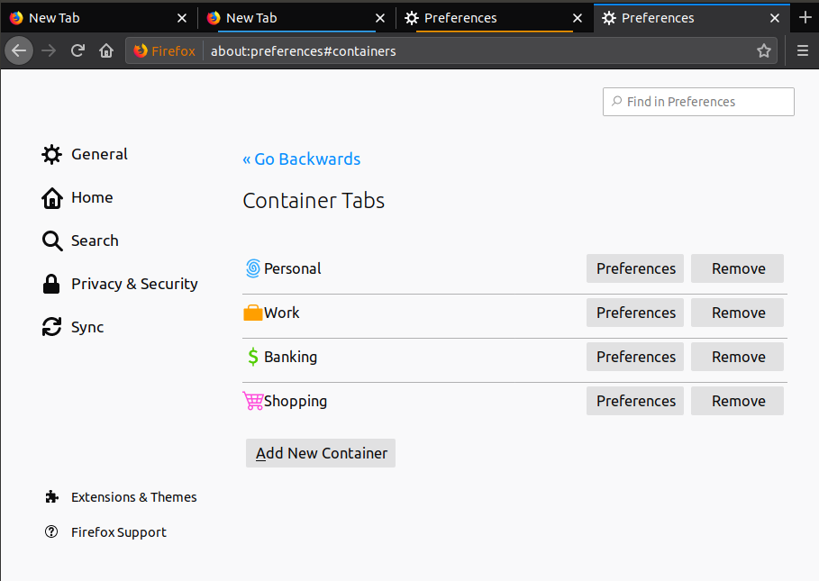 Containers' default setting