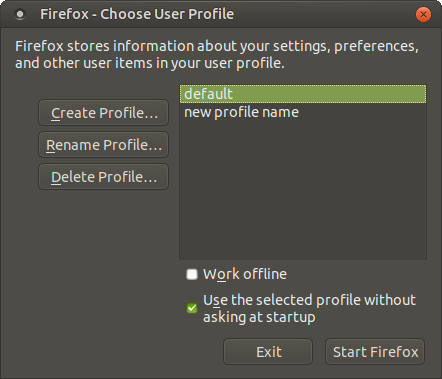 Firefox Profile Manager with a recently added profile