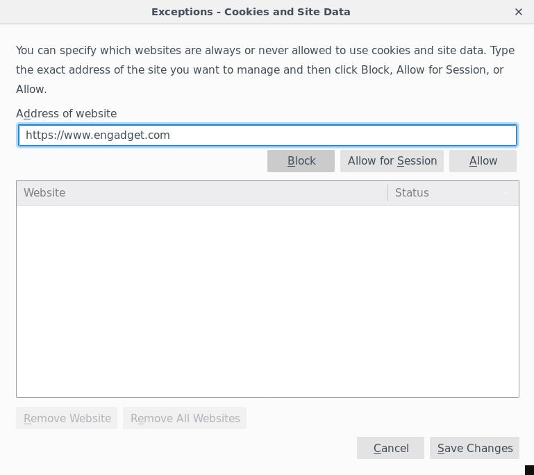 Block Engadget cookies