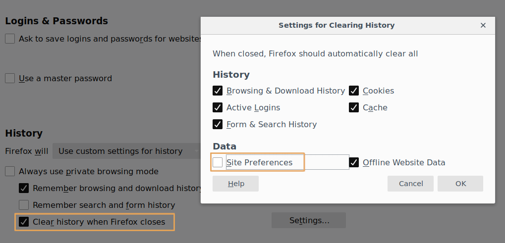Settings for clearing history