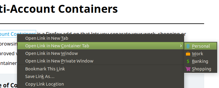 Containers right-click menu