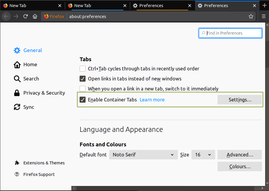 Containers settings in Firefox Preferences