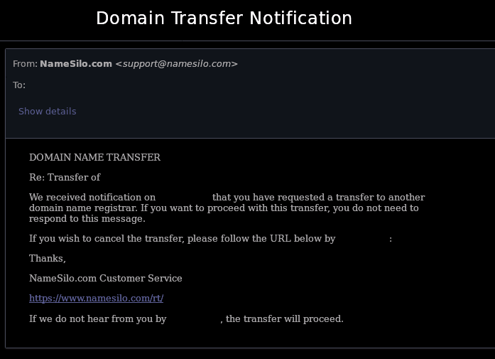 NameSilo transfer notification